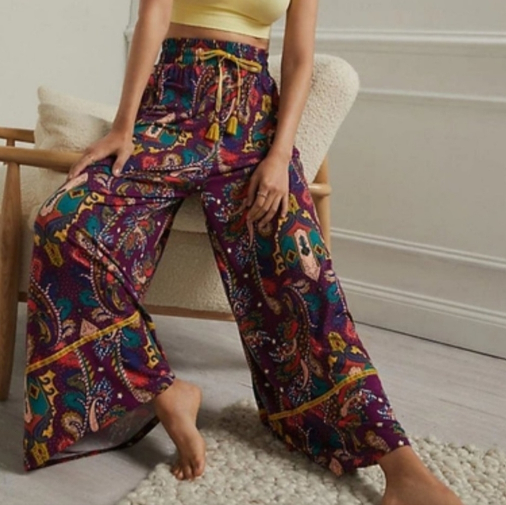 Anthropologie Intimates Pullon Pants Wide Leg Paisley Print Gypsey Hippie Sm/Med